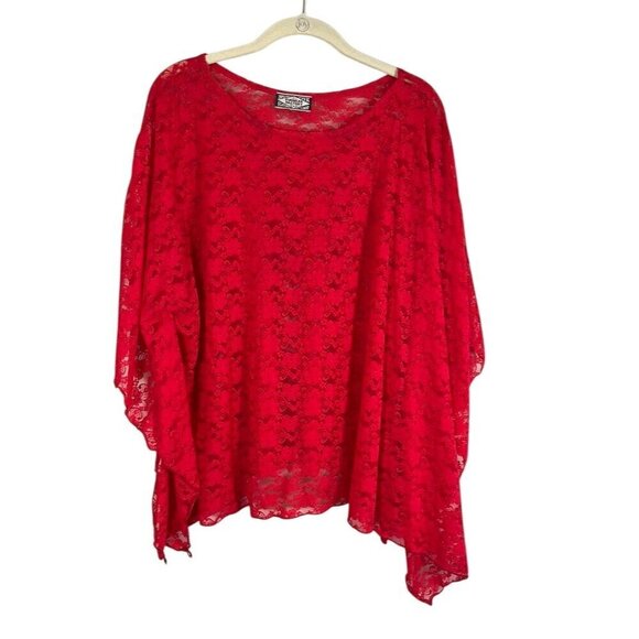 Retro Floral Sheer Lace Top OS Red Sexy Mesh Oversized Romantic Vampire 80s Chic - Picture 1 of 9